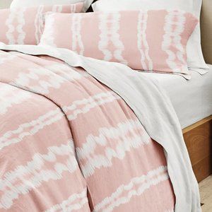 NEW- Size Twin Rebecca Minkoff Tie-Dye Stripe Duvet & Sham Cover Set Pink/White